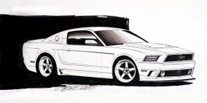 Design Factory Art by Jim Gerdom - 2011 Mustang Project Car - rare black and white drawing
